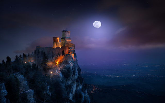 2100x1315 pix. Wallpaper San Marino, landscape, nature, fortress, castle, moon, starry night