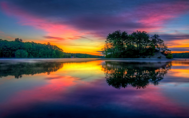1920x1200 pix. Wallpaper sunrise, colorful, lake, island, nature, landscape, reflections, Massachusetts