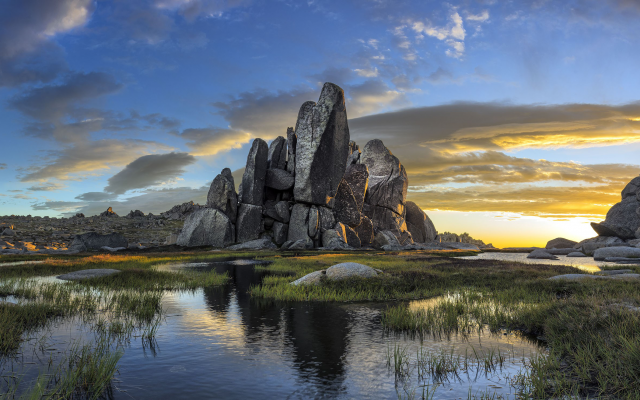 4090x1486 pix. Wallpaper Australia, nature, sky, rock, grass, clouds, panorama