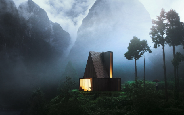 1920x1080 pix. Wallpaper cabin, nature, house, tree, mountains, fog