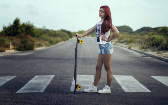 2048x1365 pix. Wallpaper skateboards, women, redhead, roads, jean shorts, longboards