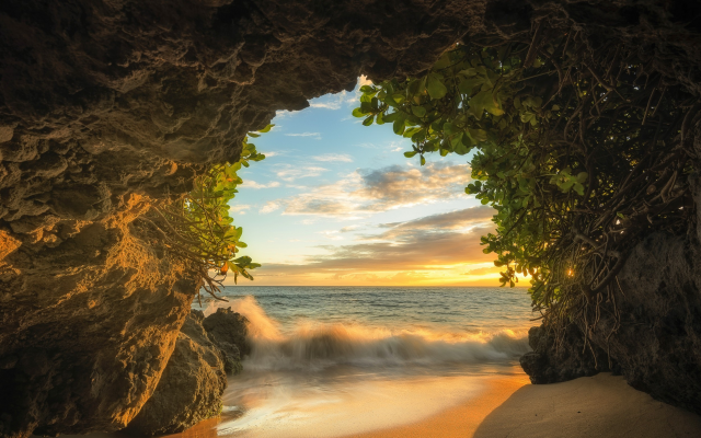 2500x1563 pix. Wallpaper Maui, island, hawaii, nature, beach, cave, sea, sunset