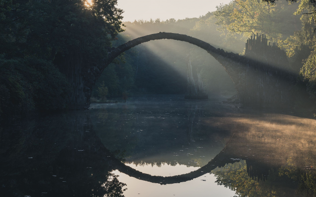 3000x1688 pix. Wallpaper bridge, light trails, river, nature