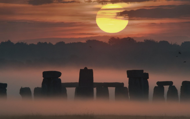 1920x1080 pix. Wallpaper stonehenge, nature, sun, pillar, stone, England, UK, mist, forest