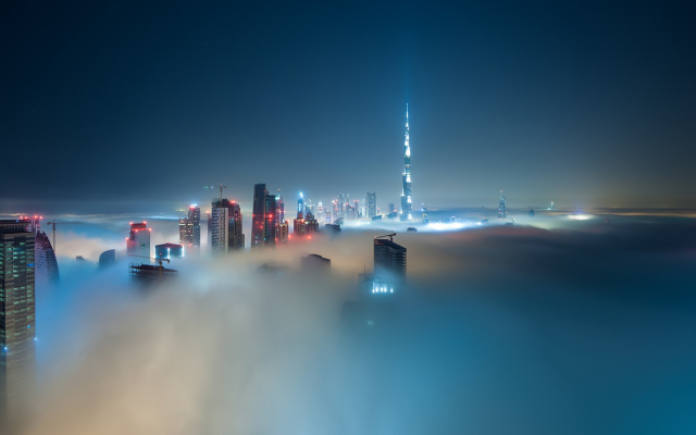 2327x1080 pix. Wallpaper mist, clouds, night, Dubai, Burj Khalifa, usa, city