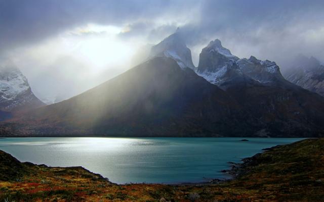 2048x1152 pix. Wallpaper Chile, Torres del Paine, nature, mountains, lake, mist, turquoise water, snowy peaks