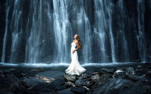1920x1080 pix. Wallpaper women, long hair, nature, white dress, bare shoulders, rock, waterfall