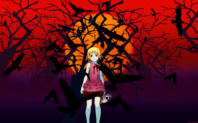 2560x1440 pix. Wallpaper anime, Monogatari Series, Oshino Shinobu, blonde, short hair, skull, crow, red eyes