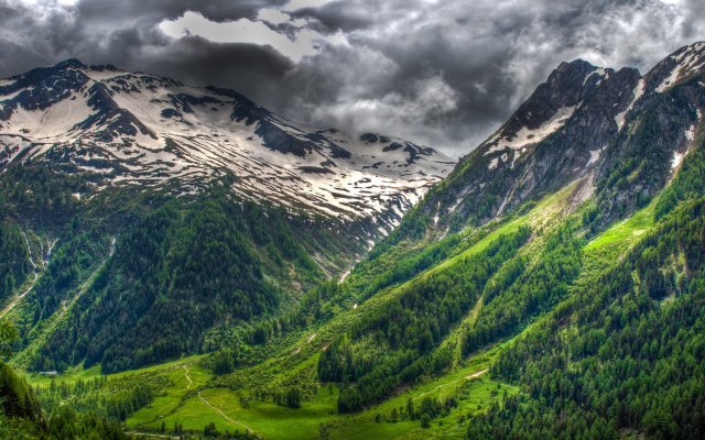 2526x1362 pix. Wallpaper switzerland, spring, mountain, alps, clouds, forest, grass, snowy peak, nature, landscape