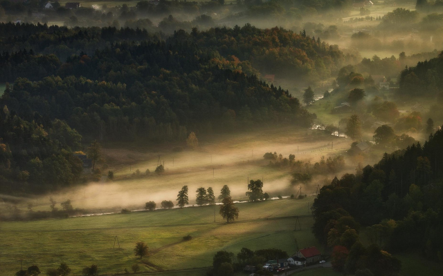 1920x1200 pix. Wallpaper farm, field, trees, hill, landscape, nature, mist, valley, morning, forest