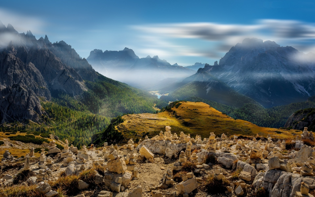 1920x1200 pix. Wallpaper valley, mist, mountains, landscape, nature, forest, Italy, summer
