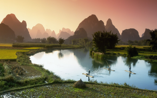 1920x1080 pix. Wallpaper li river, guilin, china, nature, mountains, water, sky, river, boat, field