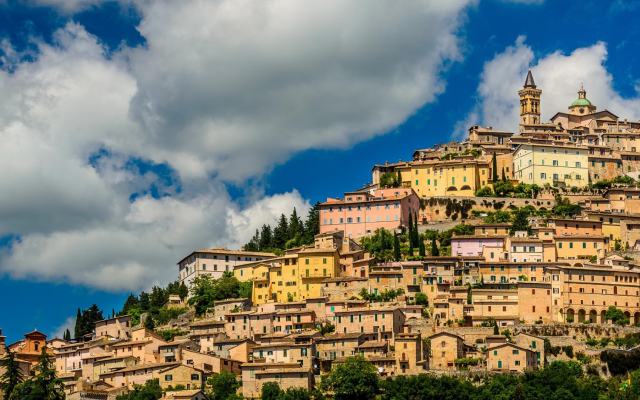 1920x1080 pix. Wallpaper trevi, italy, city, architecture, building, clouds, ancient, town, church, hill