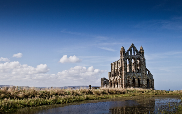 2560x1440 pix. Wallpaper whitby abbey, england, river, church, nature