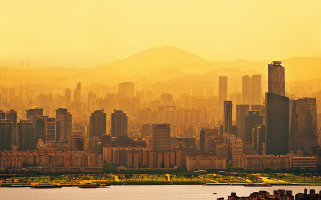 1920x1080 pix. Wallpaper seoul, south korea, sunrise, city, skyscrapers, river