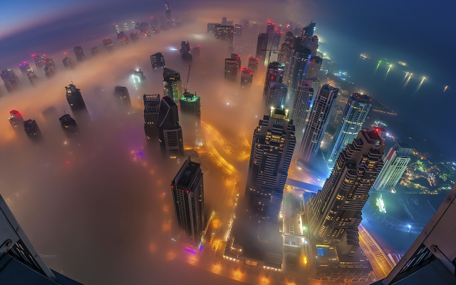 1920x1080 pix. Wallpaper dubai, aerial view, night, smog, mist, cityscape, skyscrapers