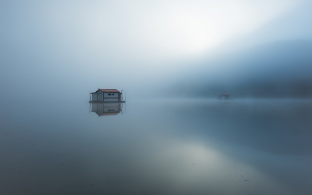 1920x1080 pix. Wallpaper minimalism, lake, water, mist, fog, blurred, house on water, nature