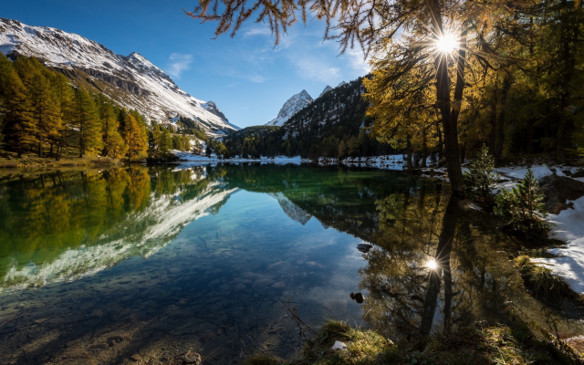 2500x1563 pix. Wallpaper nature, landscapes, lakes, Alps, mountains, forests, reflection, snowy peaks, fall, water, sunrise