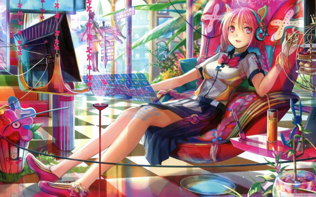 2560x1440 pix. Wallpaper nekomimi, technology, anime girls, pink hair, original characters