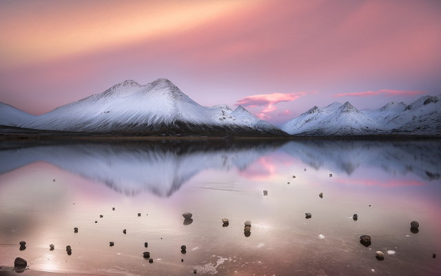 2500x1563 pix. Wallpaper nature, landscapes, calm, lakes, mountains, clouds, snowy peaks, pink, white, cold, water, winter