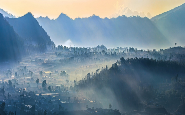 1920x1080 pix. Wallpaper fog, mist, sunrise, nature, village, mountains, sun rays, indonesia, forest, valley, bali