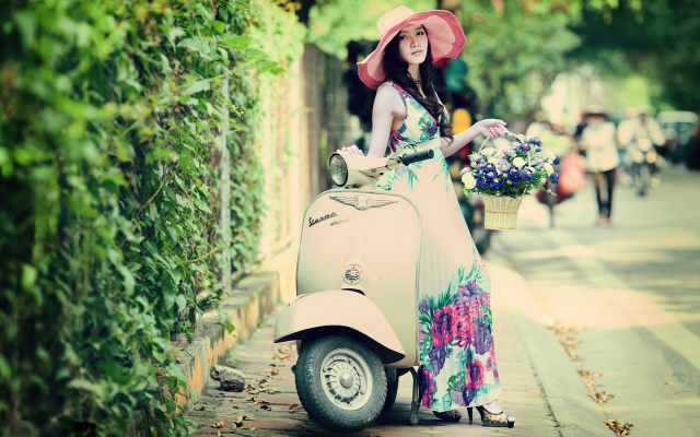 1920x1200 pix. Wallpaper asian, women, model, dress, hat, flowers, moped, motorbike, motor bicycle