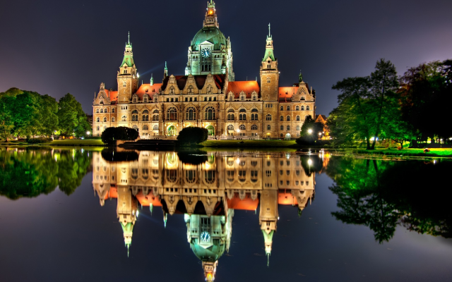 1920x1080 pix. Wallpaper city hall, hanover, architecture, city, germany, water, old building, night, lights, lake