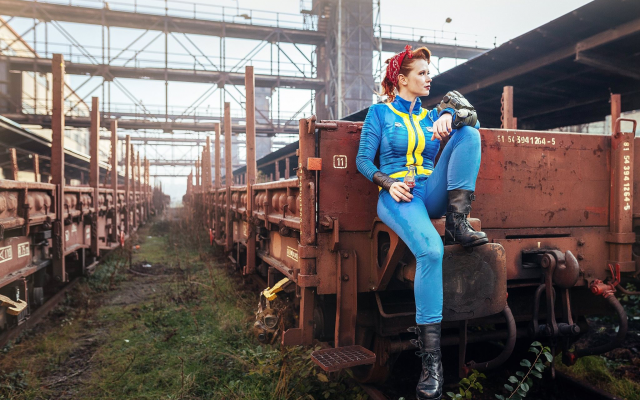 2048x1365 pix. Wallpaper women, redhead, cosplay, Fallout, Fallout 4, video games, rifles, train, railway