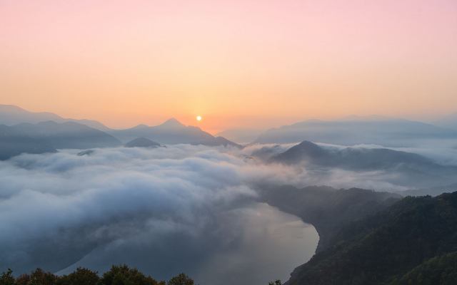 1920x1080 pix. Wallpaper sunrise, south korea, clouds, mountains, lake, nature, mist, forest