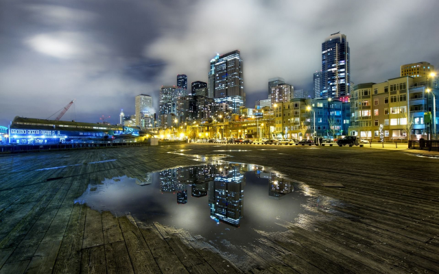 1920x1200 pix. Wallpaper reflection, puddle, city, seattle, cityscape, architecture, skyscrapers, usa, night, lights, long ex