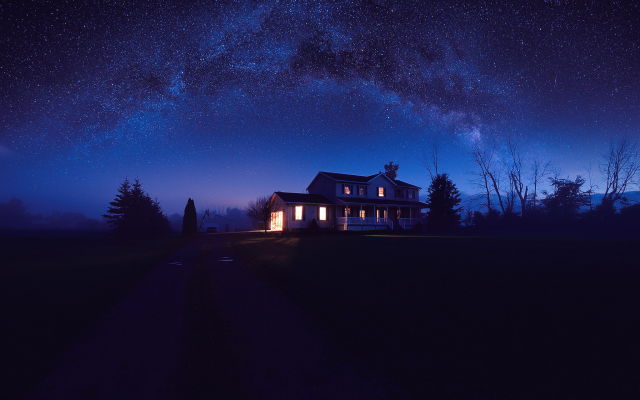 2048x1307 pix. Wallpaper house, night, milky way, stars