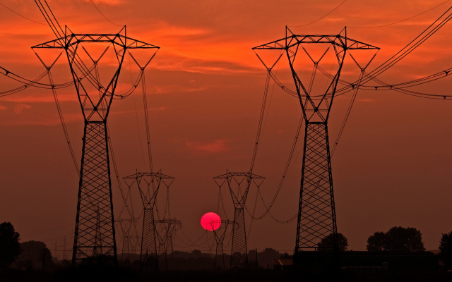 2048x1272 pix. Wallpaper sunset, transmission tower power lines