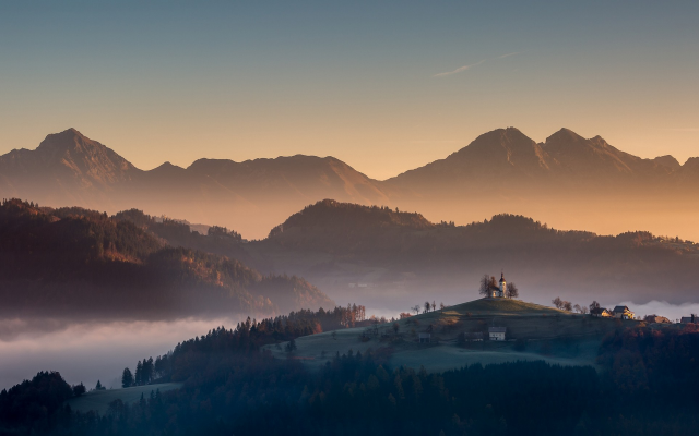 2500x1200 pix. Wallpaper sunrise, fog, mist, mountains, village, slovenia, nature