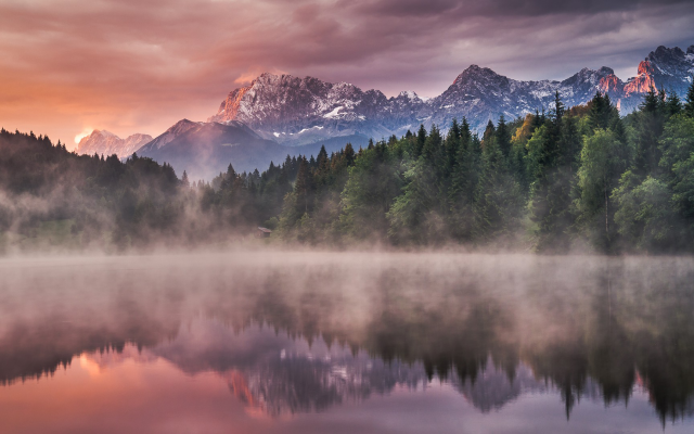 1920x1080 pix. Wallpaper sunrise, fog, lake, reflection, germany, mist, forest, mountains