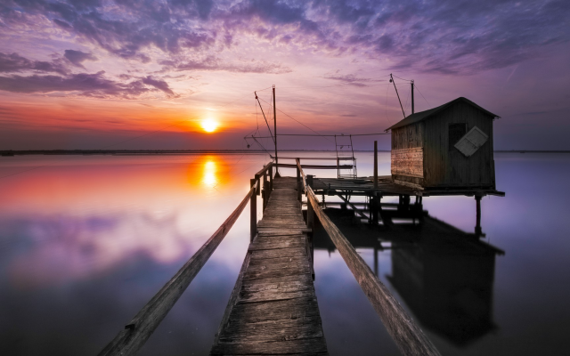 1920x1080 pix. Wallpaper sunset, lake, reflection, nature, pier, house on water