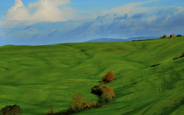 1920x1080 pix. Wallpaper Italy, Tuscany, nature, landscape, clouds, hill, grass, field, trees, house, green