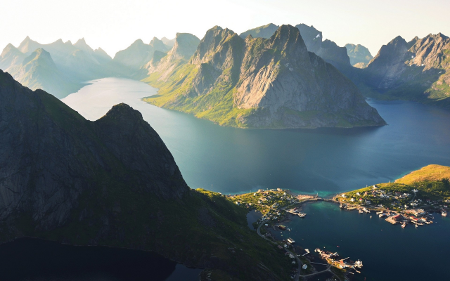 1920x1200 pix. Wallpaper reine, lofoten islands, norway, morning, sunlight, mountains, nature, landscape