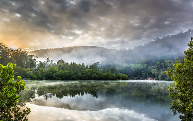 5120x2880 pix. Wallpaper australia, berowra creek, reflection, lake, tree, mist, clouds