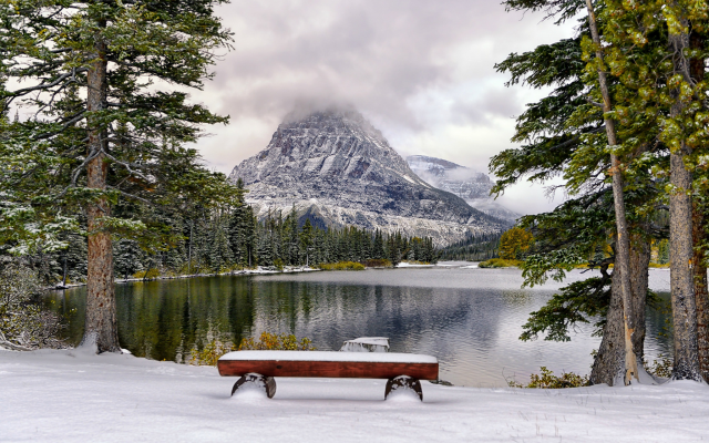 2048x1367 pix. Wallpaper mountains, winter, bench, snow, tree, lake, park