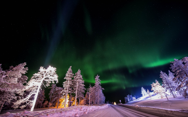 4928x3280 pix. Wallpaper akaslompolo, finland, northern lights, aurora, night, tree, winter, snow, nature