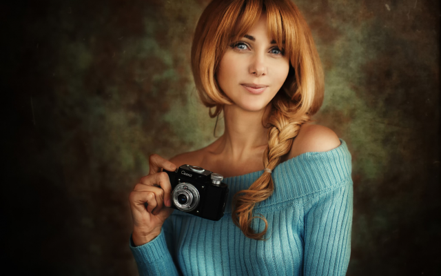 2048x1398 pix. Wallpaper women, camera, smiling, redhead, sweater, smena