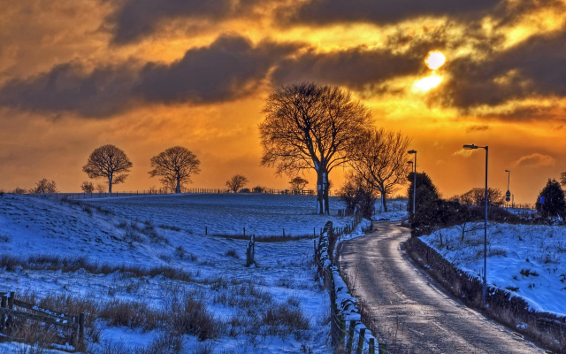 4117x2745 pix. Wallpaper sunset, winter, snow, road, nature