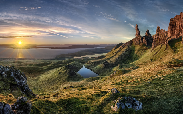 2500x1321 pix. Wallpaper old man of storr, skye, nature, landscape, sunrise, island, scotland, grass, sea, mountains