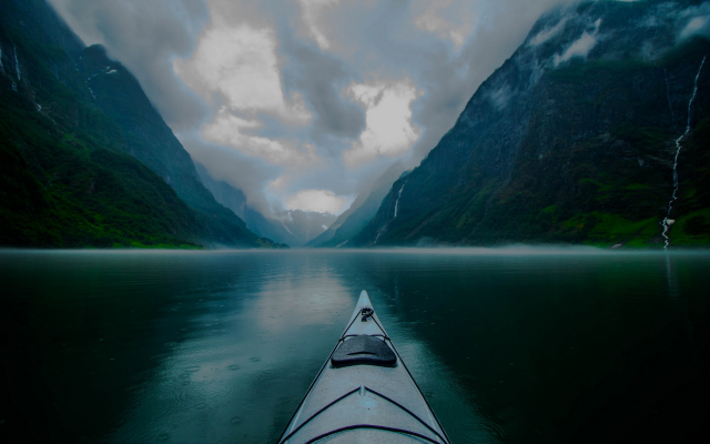 1920x1280 pix. Wallpaper kayak, fjord, mountains, norway, morning, landscape, nature