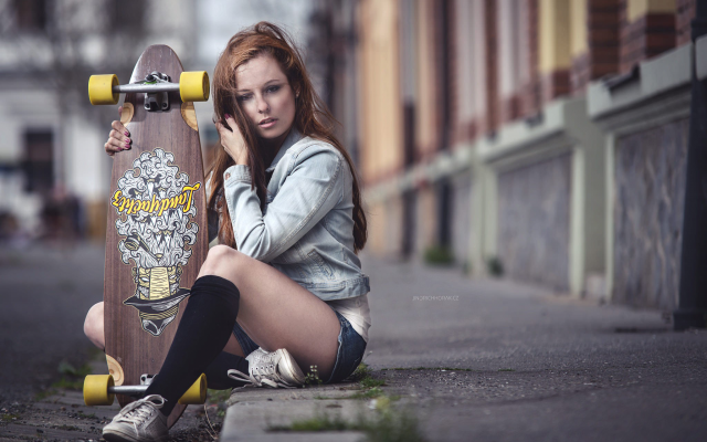 2048x1410 pix. Wallpaper women, model, sitting, skateboards, black stockings, jean shorts