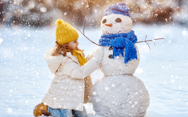 4500x3261 pix. Wallpaper snowman, new year, christmas, snow, winter, girl