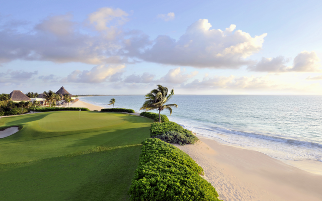 3840x2160 pix. Wallpaper el camaleon, golf course, mayakoba, sea, mexico, palm tree, sand, grass, beach, nature, tropical