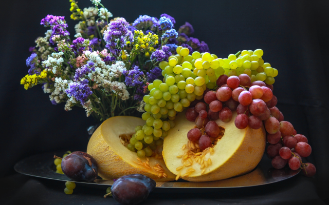 2400x1535 pix. Wallpaper melon, grapes, plum, fruits, food, flowers, bouquet