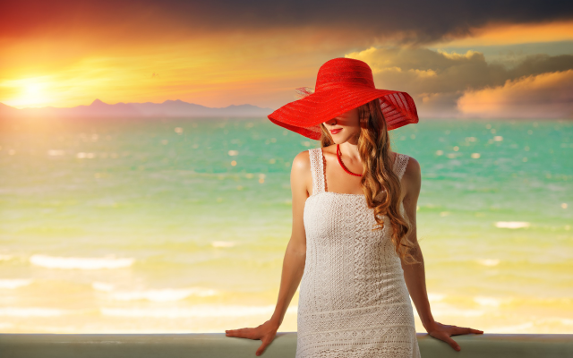 2000x1338 pix. Wallpaper hat, women, model, beach, sunset, curly hairs