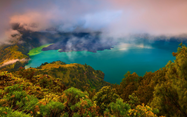 2160x1440 pix. Wallpaper rinjani volcano, lombok, mount rinjani, nature, lake, turquoise, water, forest, mountains, clouds, i